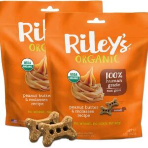 Riley's Organic Peanut Butter & Molasses Recipe | Large Bone Dog Treats | 5 oz Bag 2 Pack