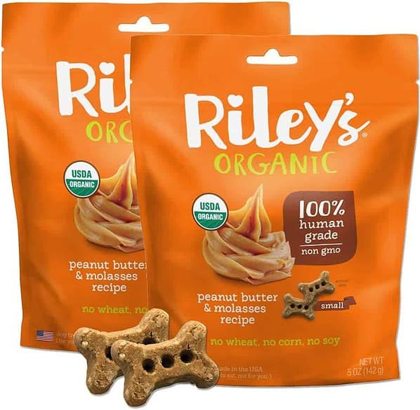 Riley's Organic Peanut Butter & Molasses Recipe | Large Bone Dog Treats | 5 oz Bag 2 Pack