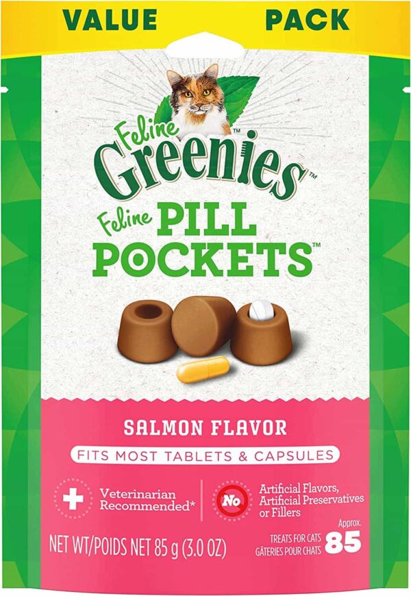 Greenies Pill Pockets for Cats, Natural Soft Treats, Salmon Flavor, 3 oz. Pack (85 Treats)