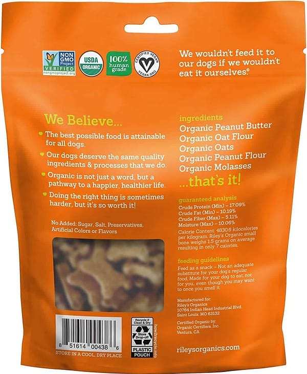 Riley's Organic Peanut Butter & Molasses Recipe | Large Bone Dog Treats | 5 oz Bag 2 Pack - Image 2